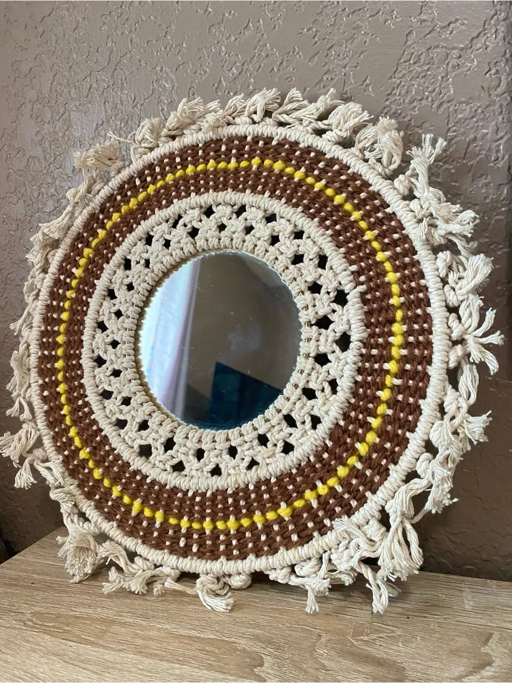 Handmade Macramé Round Wall Mirror in Cream, Brown & Yellow